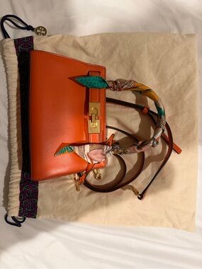 Tory Burch Orange Leather Top-Handle Bag with Scarf Accent